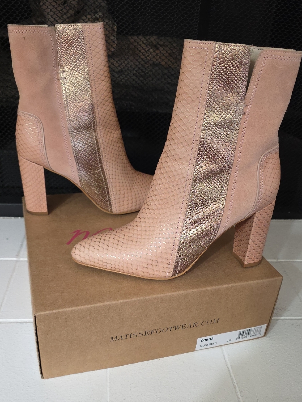 Matisse Blush Pink Snake-Trim Block Heel Ankle Boots